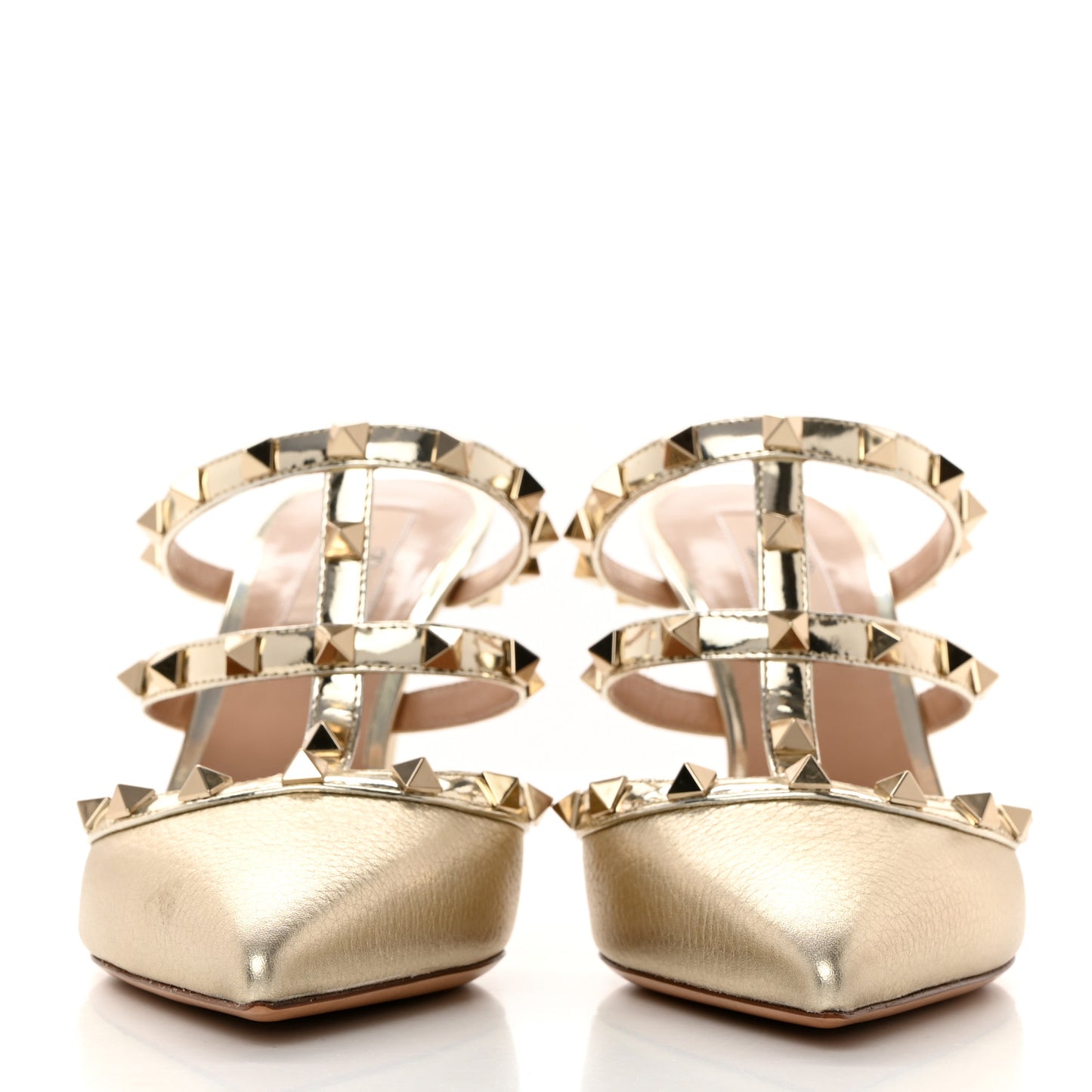 Metallic Pebbled Calfskin Rockstud 90mm Cage Mules 38 Platino
