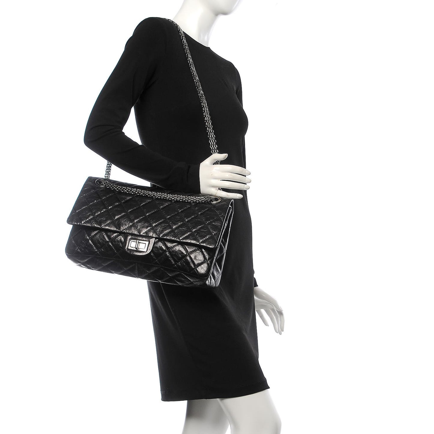 Metallic Aged Calfskin Quilted 2.55 Reissue 228 Flap Black