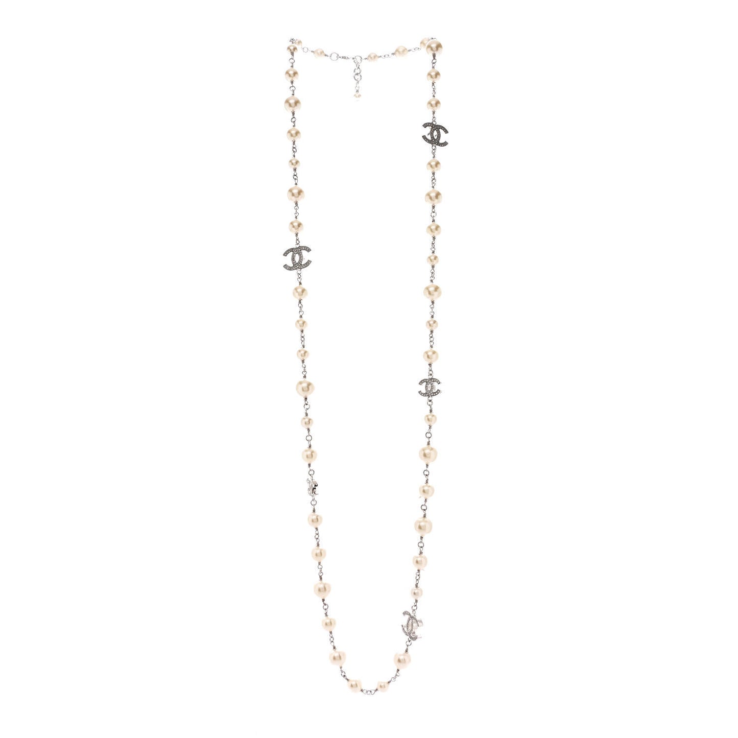 Graduated Pearl Crystal CC Long Necklace Silver