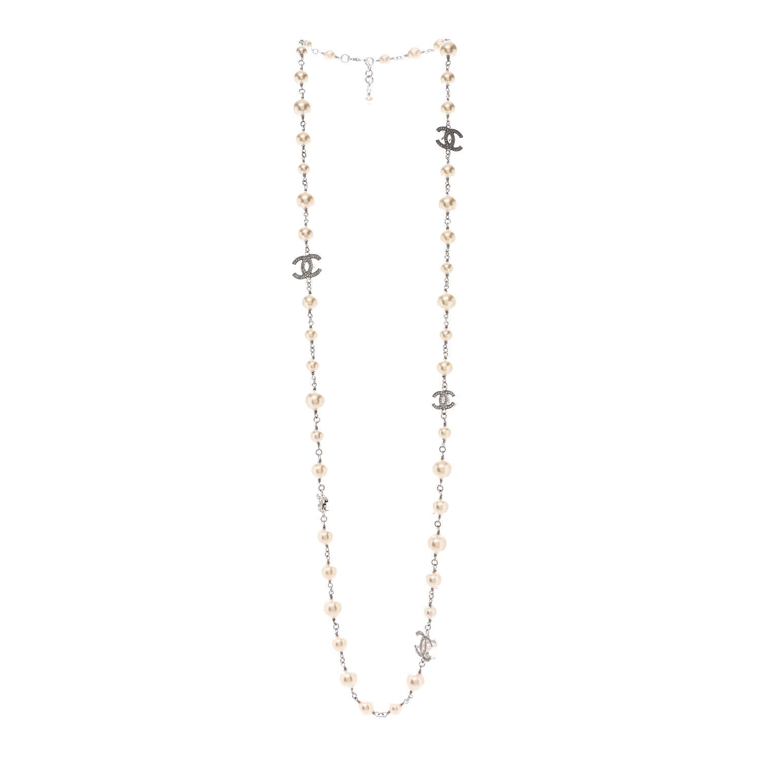 Chanel Graduated Pearl Crystal CC Long Necklace Silver 3 of 7