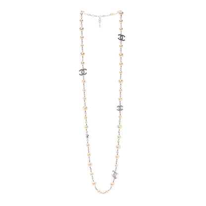 Chanel Graduated Pearl Crystal CC Long Necklace Silver 3 of 7