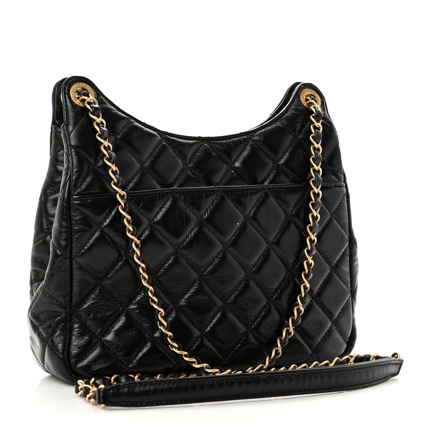 Shiny Crumpled Calfskin Quilted Wavy CC Hobo Black