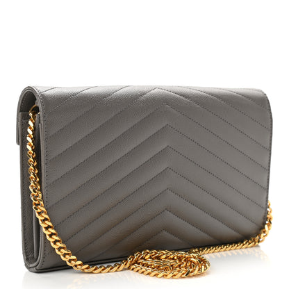 Saint Laurent Grain De Poudre Matelasse Chevron Monogram Chain Wallet Fog 3 of 10
