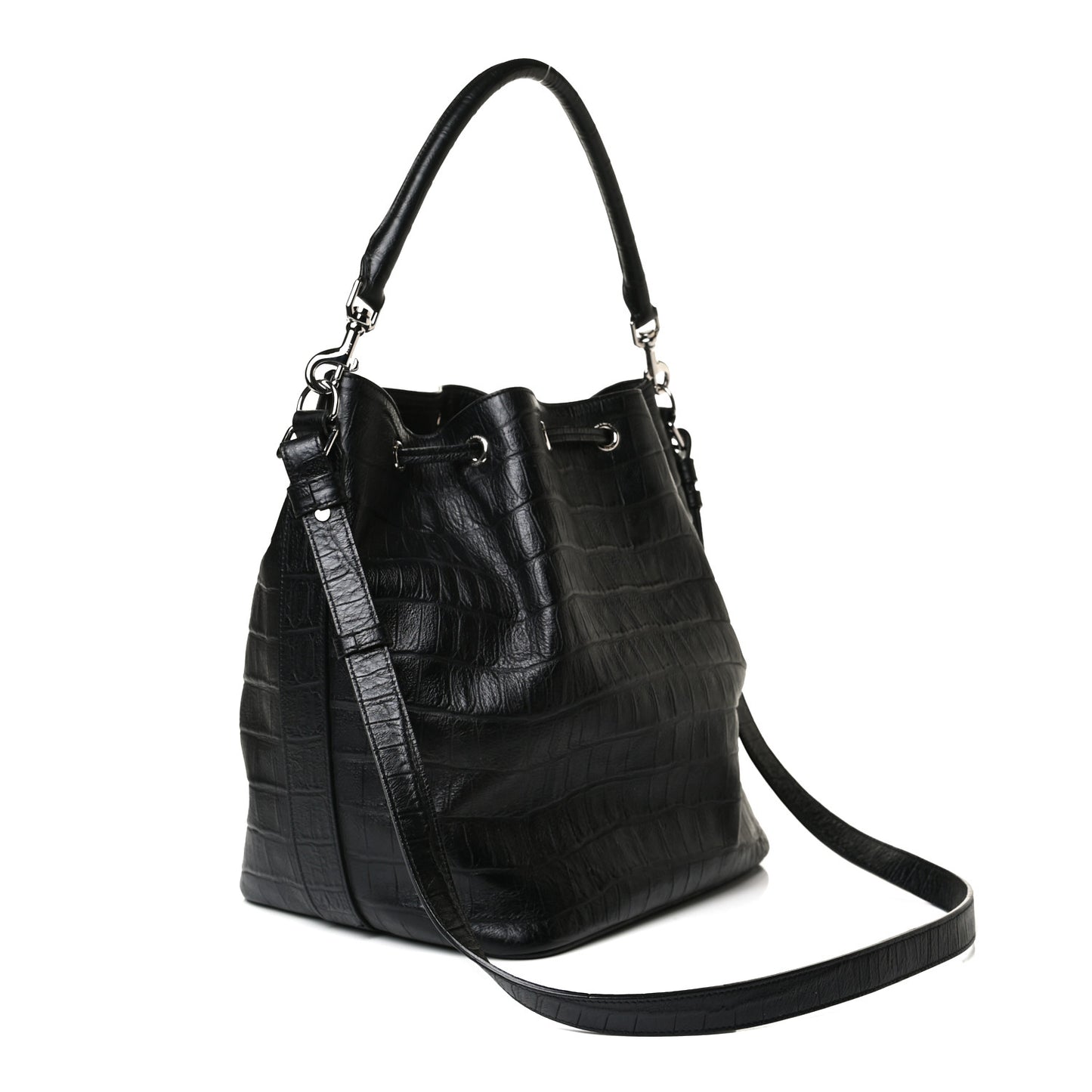 Calfskin Crocodile Embossed Large Emmanuelle Bucket Bag Black