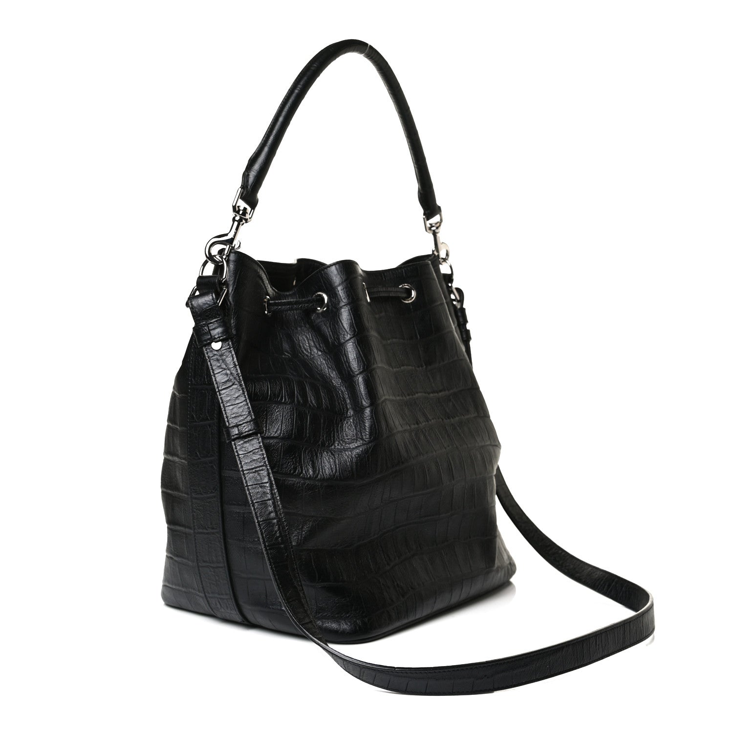 Saint Laurent Calfskin Crocodile Embossed Large Emmanuelle Bucket Bag Black 3 of 31