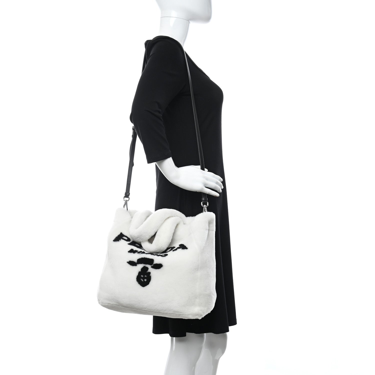 Prada Shearling Logo Tote White Black 2 of 11