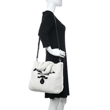 Prada Shearling Logo Tote White Black 2 of 11