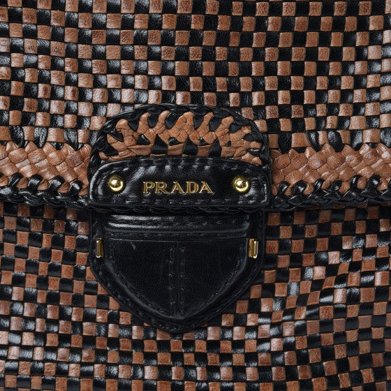 Prada Goatskin Woven Top Handle Satchel Black Tan 7 of 20