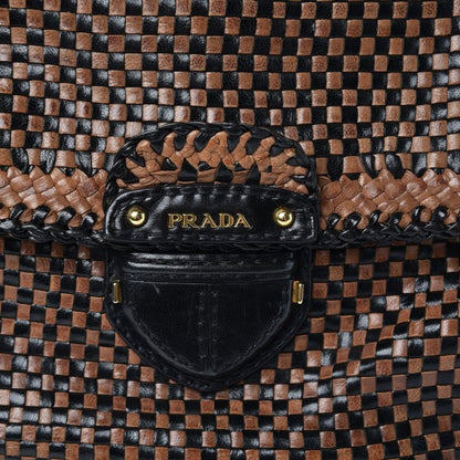 Prada Goatskin Woven Top Handle Satchel Black Tan 7 of 20