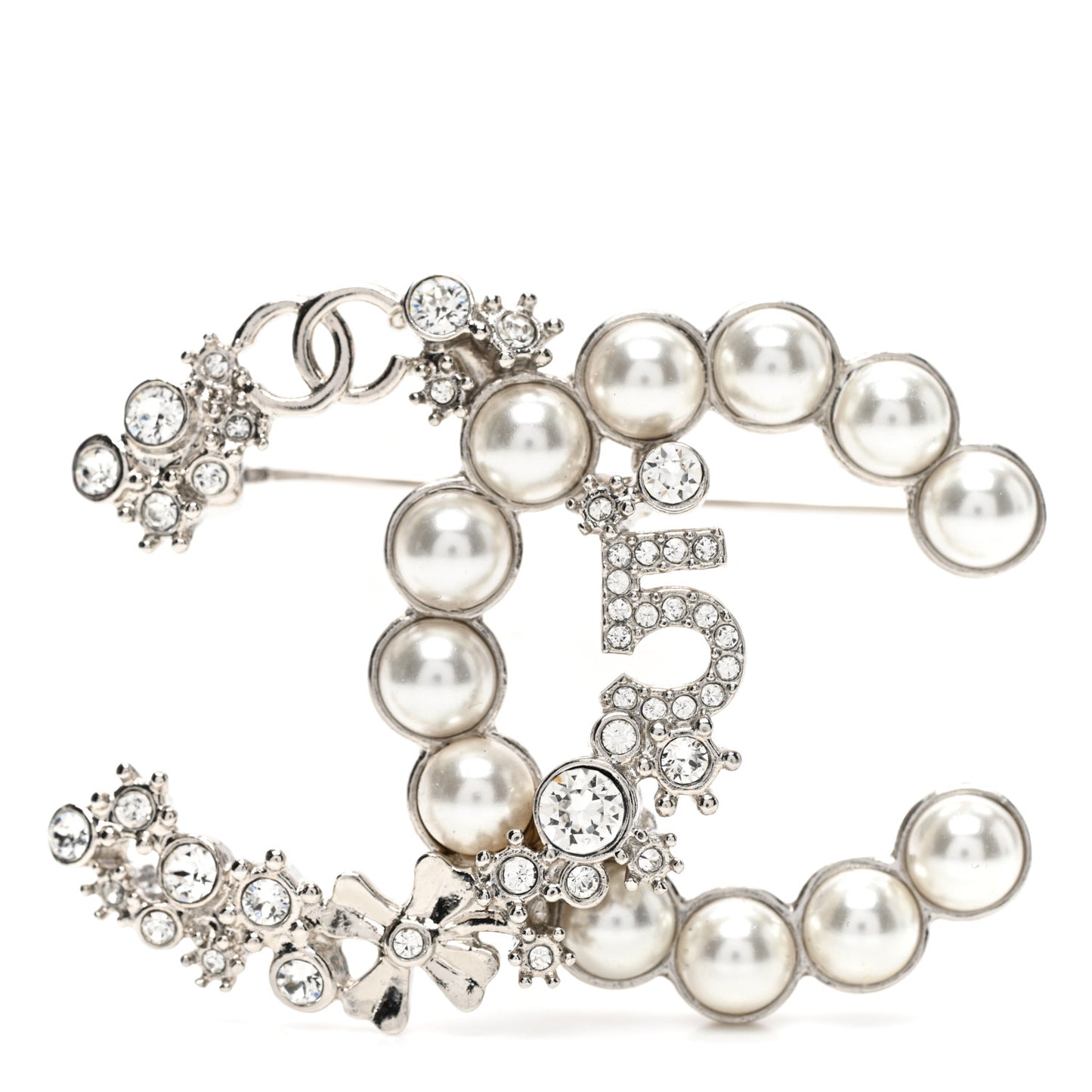 Crystal Pearl Star 5 CC Brooch Silver Pearly White