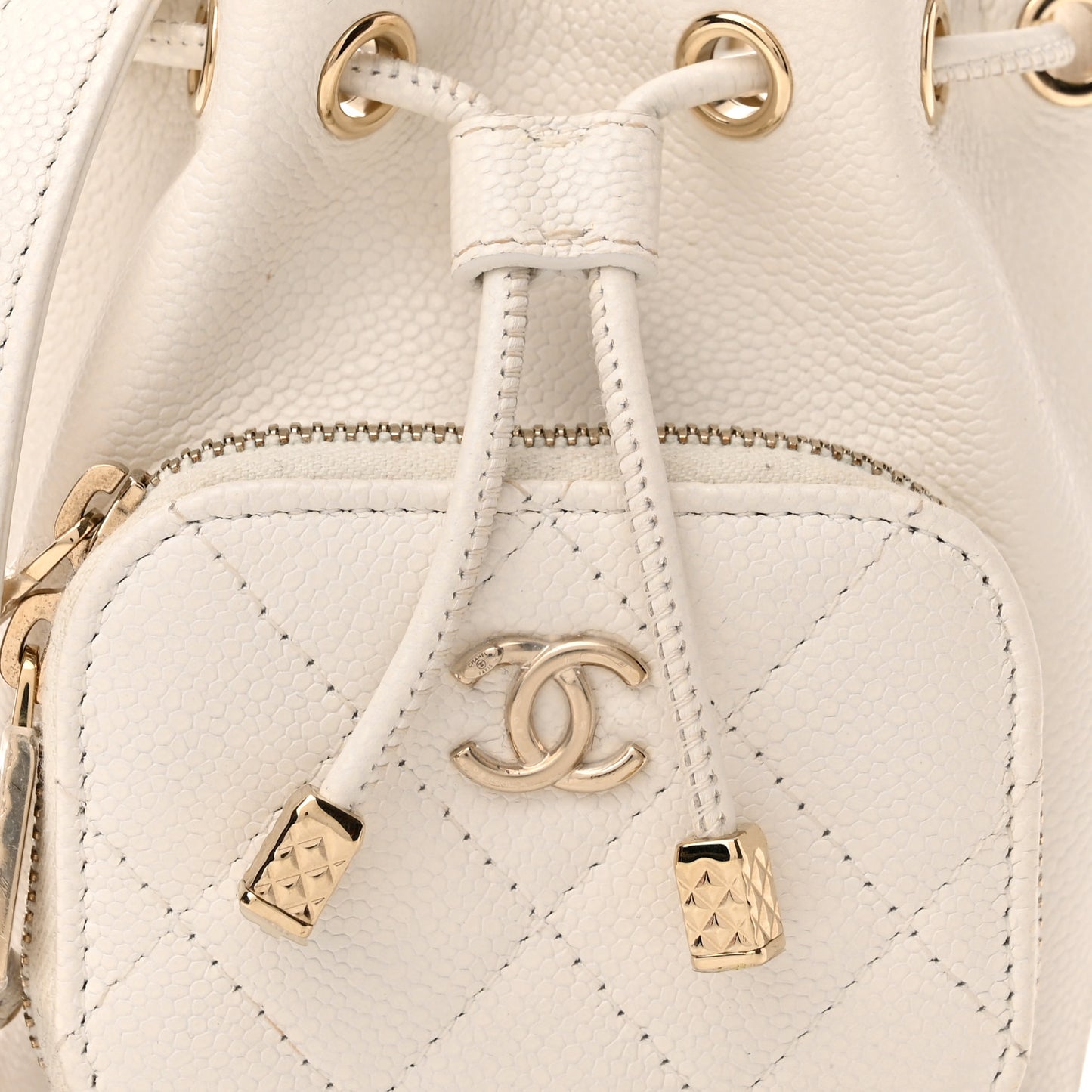 Caviar Quilted Mini CC Pocket Bucket Bag White