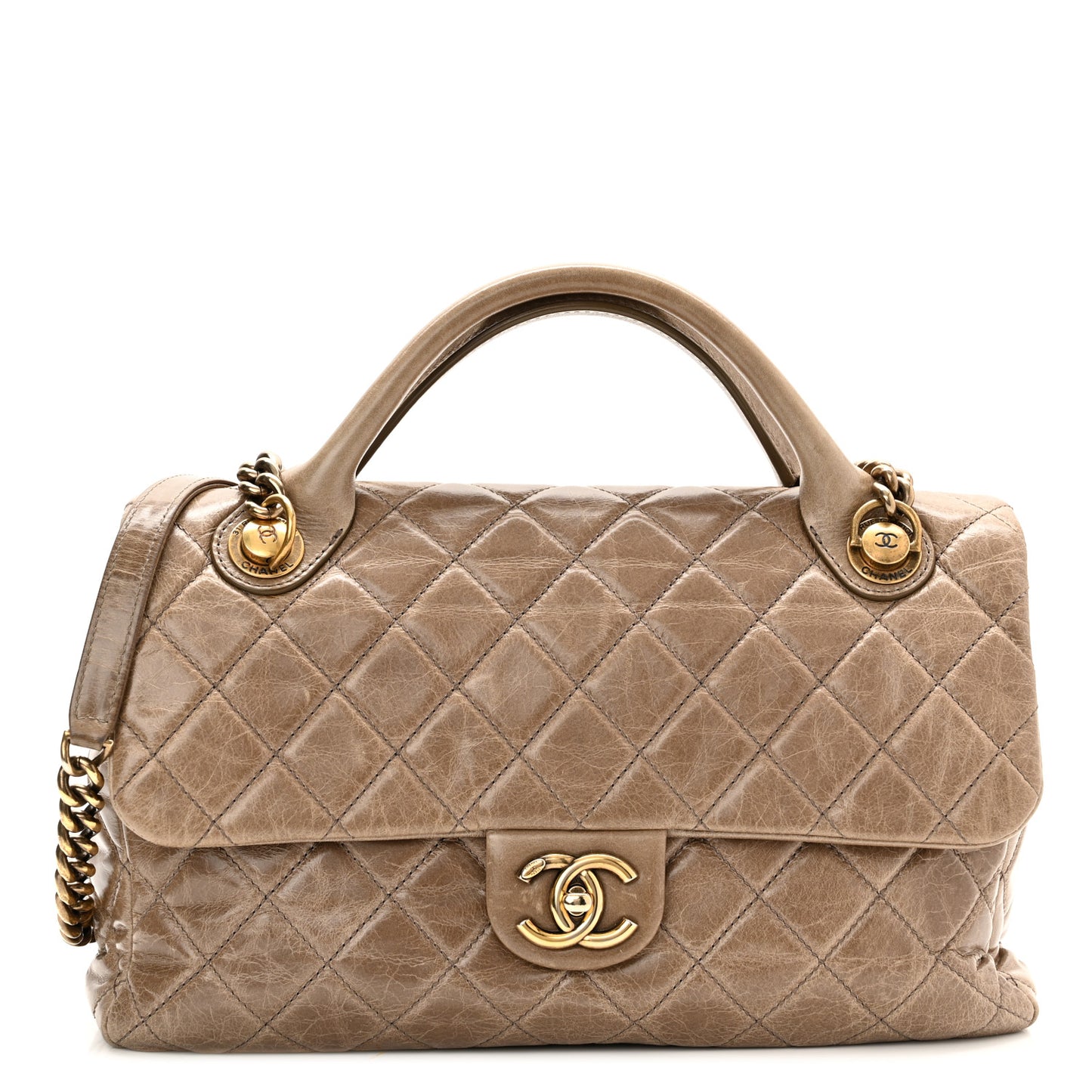 Glazed Calfskin Castle Rock Medium Flap Dark Beige