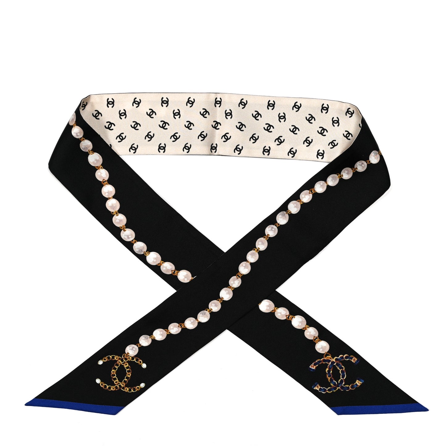 Silk Pearl CC Chain Slim Bandeau Scarf Dark Grey Blue Ecru
