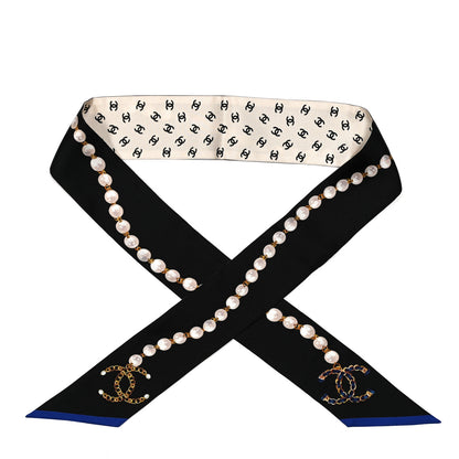 Chanel Silk Pearl CC Chain Slim Bandeau Scarf Dark Grey Blue Ecru 1 of 3