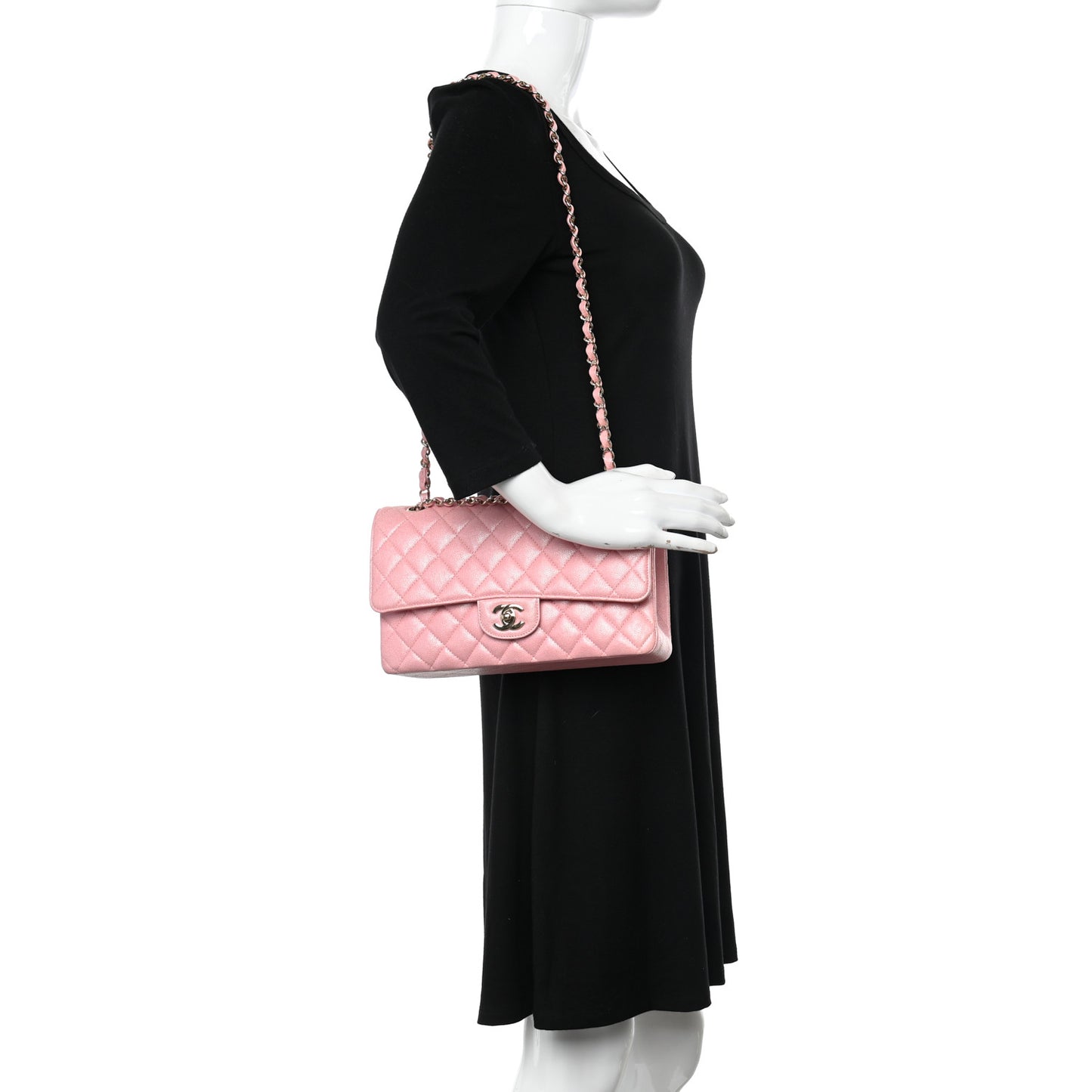 Iridescent Caviar Quilted Medium Double Flap Rose Pink