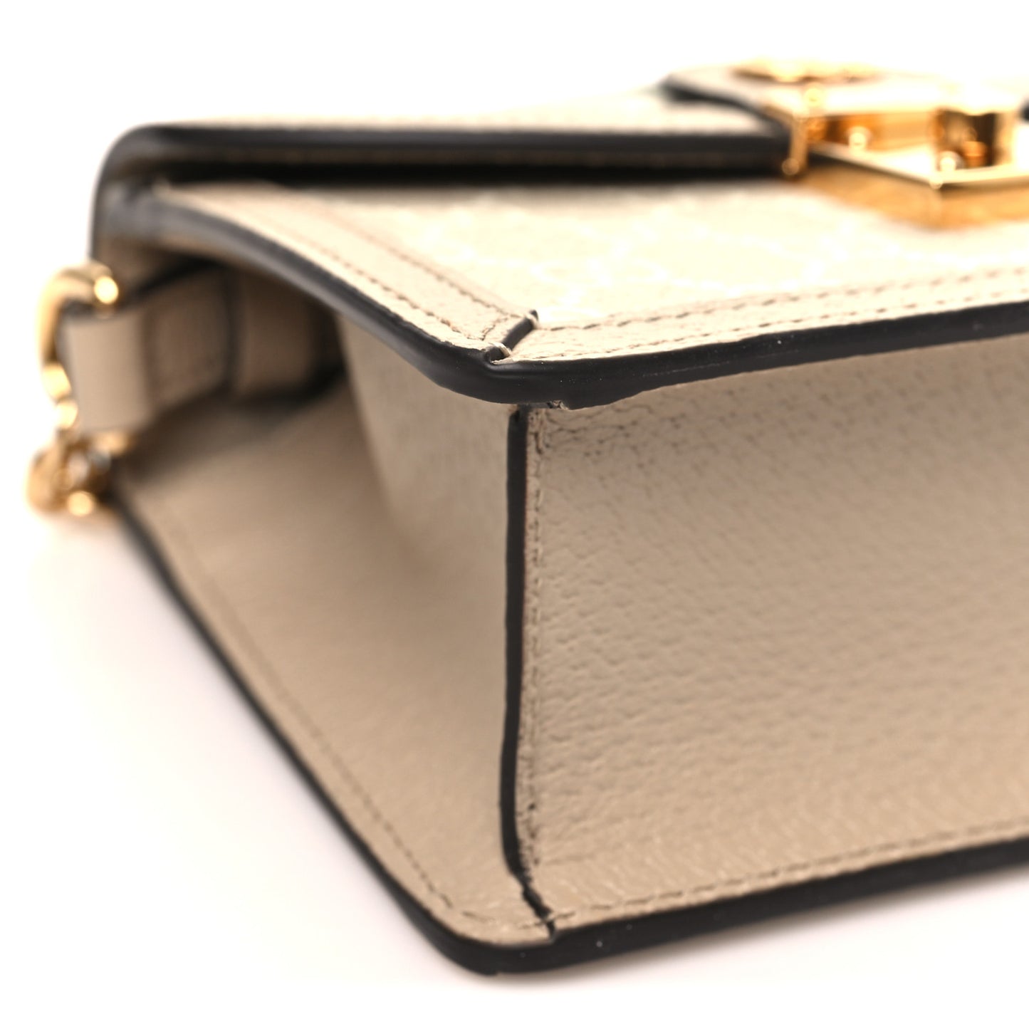 GG Supreme Monogram Textured Dollar Calfskin Web Mini Ophidia Padlock Top Handle Chain Shoulder Bag Beige Mystic White Oatmeal