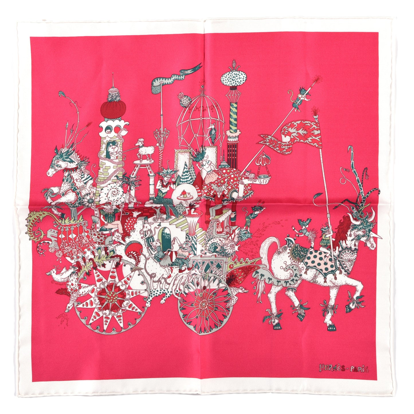 Silk Twill La Folle Parade Zoom Pocket Square Rose Vif Vert White