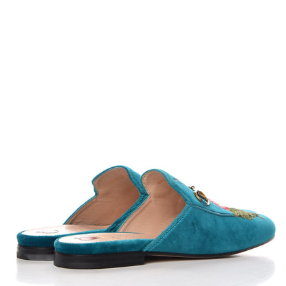 Gucci Velvet Floral Embroidered Womens Princetown Slippers 38 Pavone 4 of 12