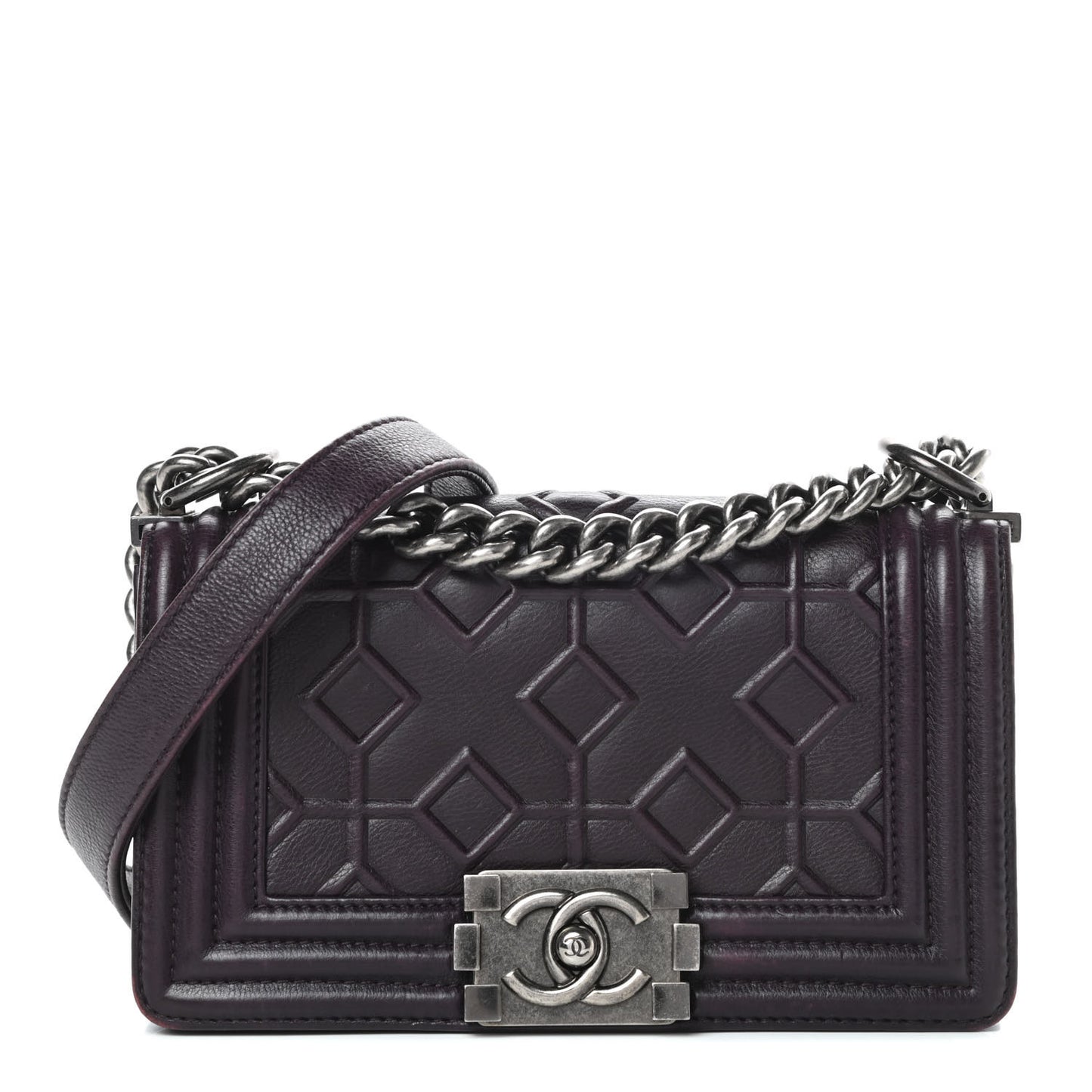Calfskin Crystal Embossed Small Boy Flap Plum