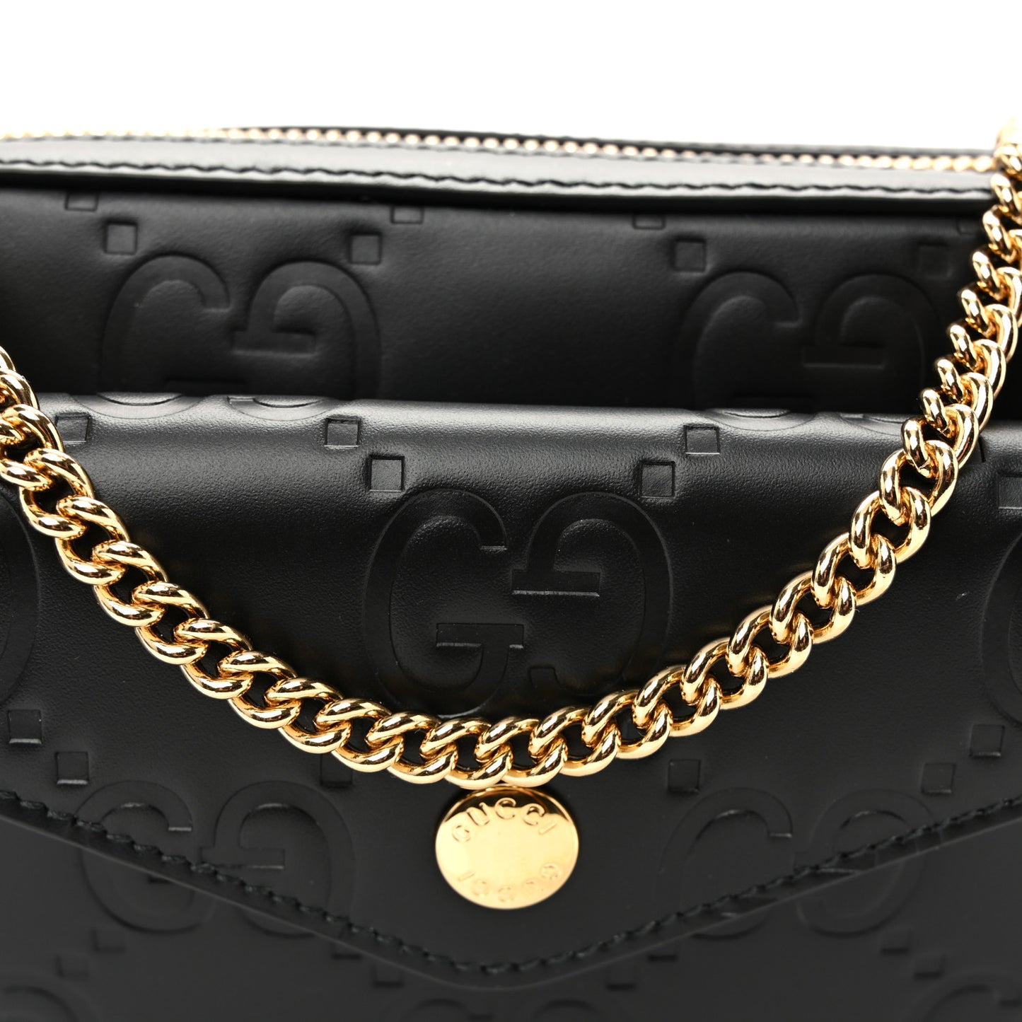 Calfskin GG Super Mini Debossed Chain Wallet Black