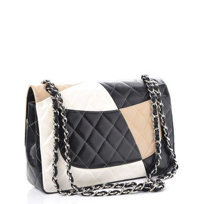 Chanel Lambskin Quilted Colorblock Jumbo Double Flap Black White Beige 4 of 19