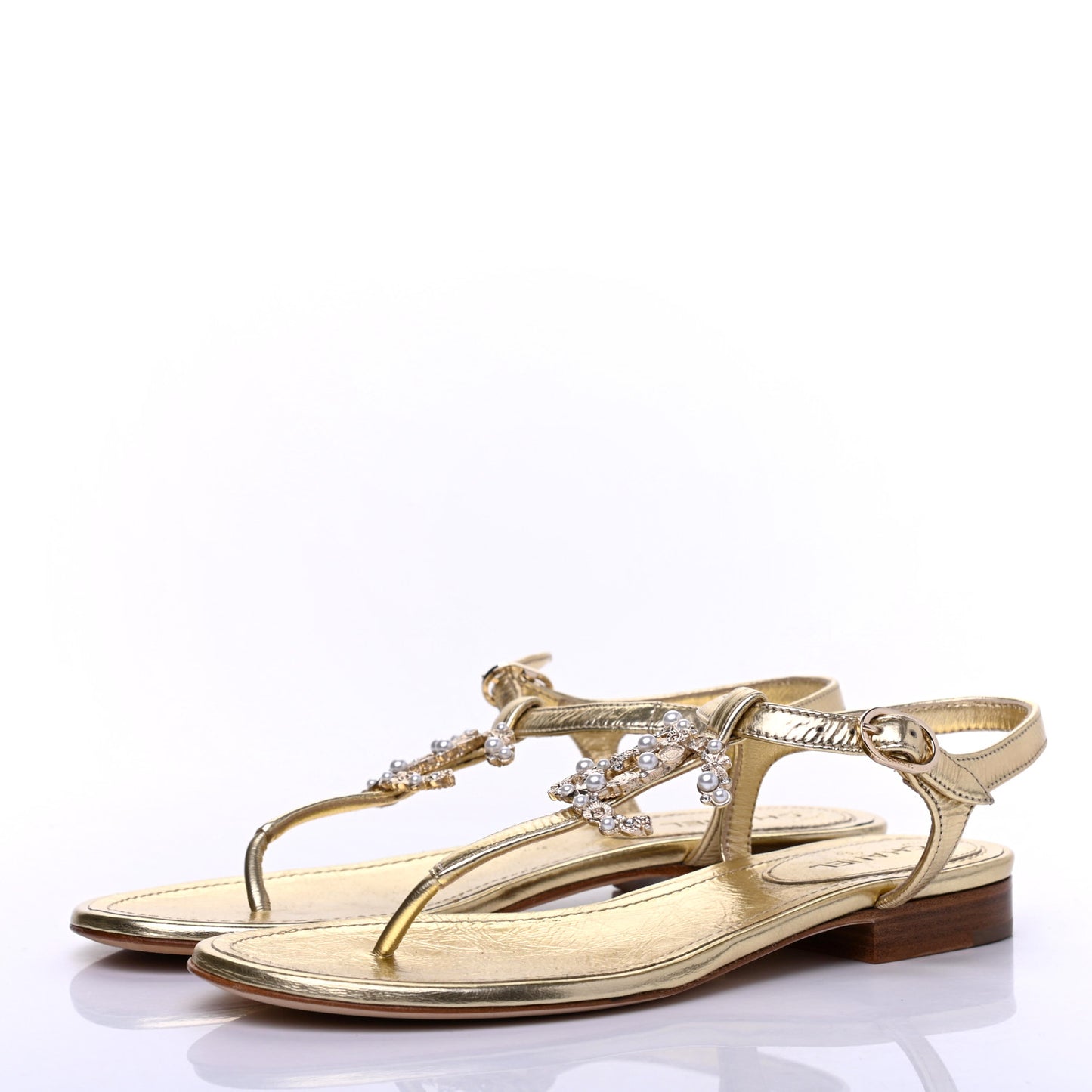 Aged Metallic Calfskin Pearl Crystal CC Charm Thong Sandals 35 Gold