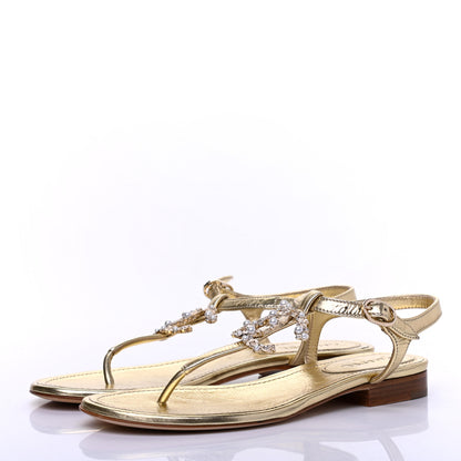 Chanel Aged Metallic Calfskin Pearl Crystal CC Charm Thong Sandals 35 Gold 9 of 13
