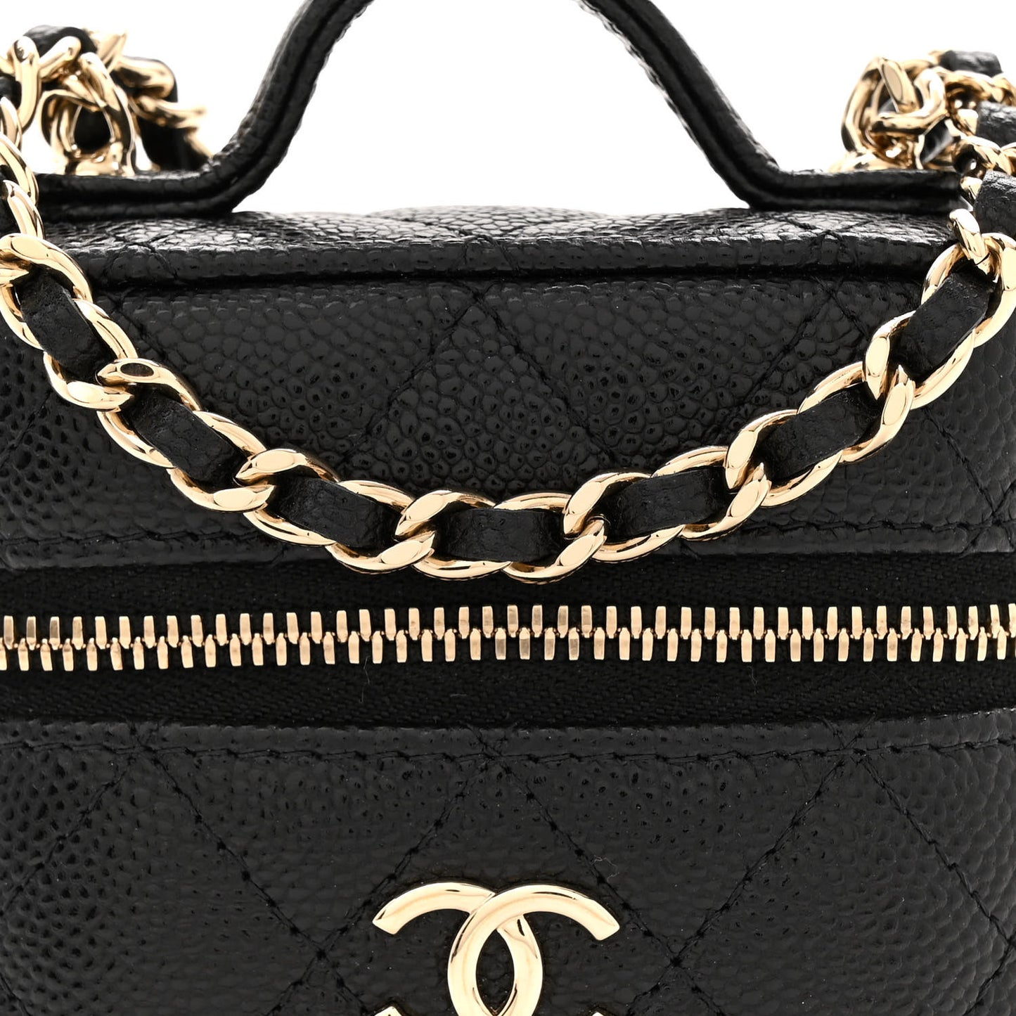 Caviar Quilted Small Handle With Care Vanity Case With Chain Black