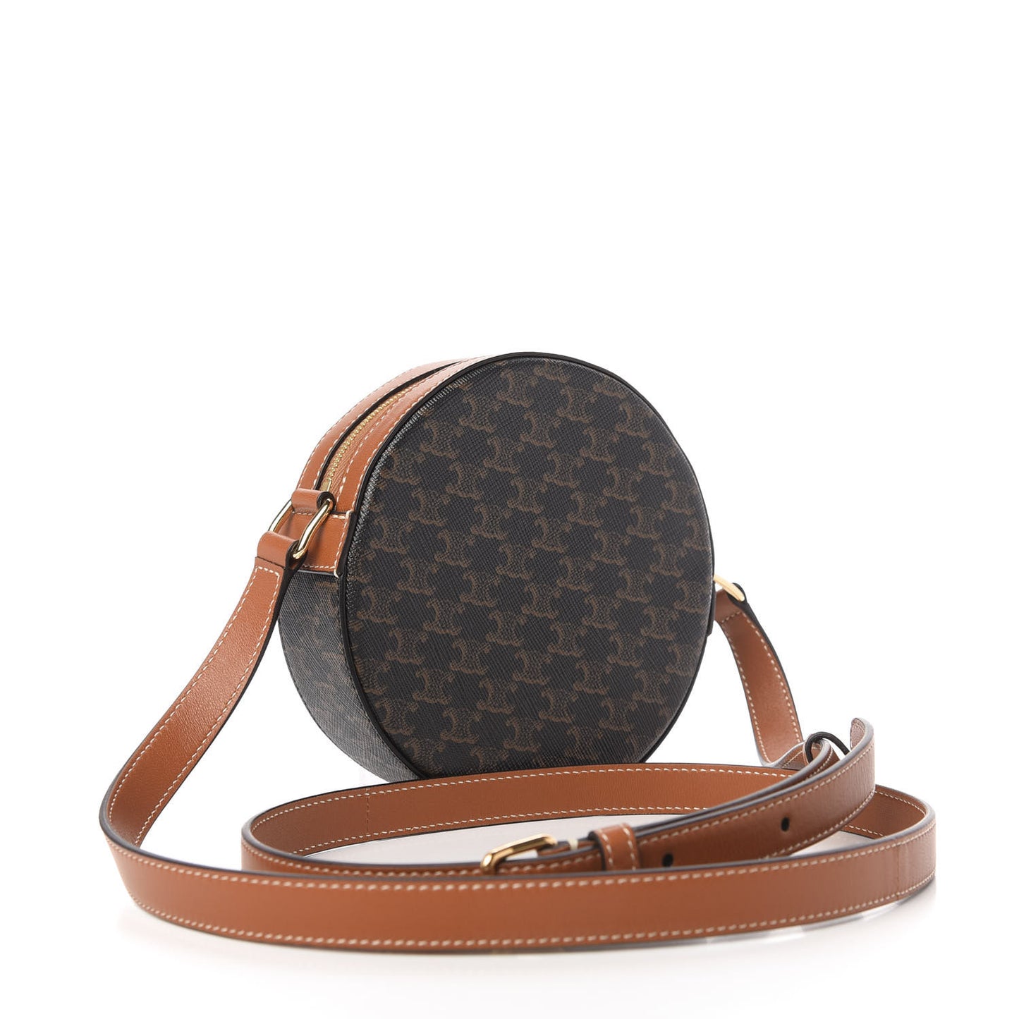 Lambskin Triomphe Canvas Round Purse On Strap Black Tan
