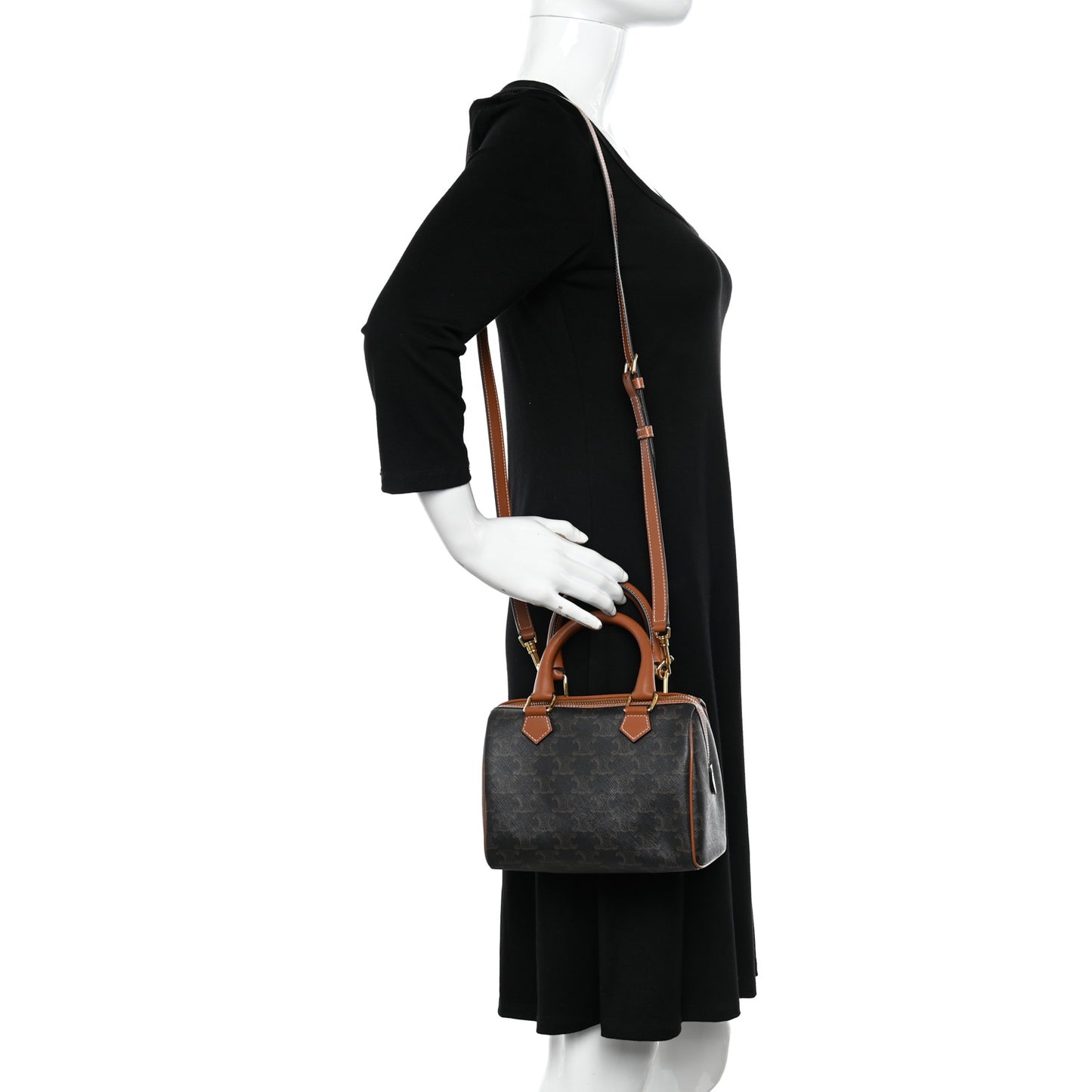 Triomphe Canvas Calfskin Small Boston Bag Tan