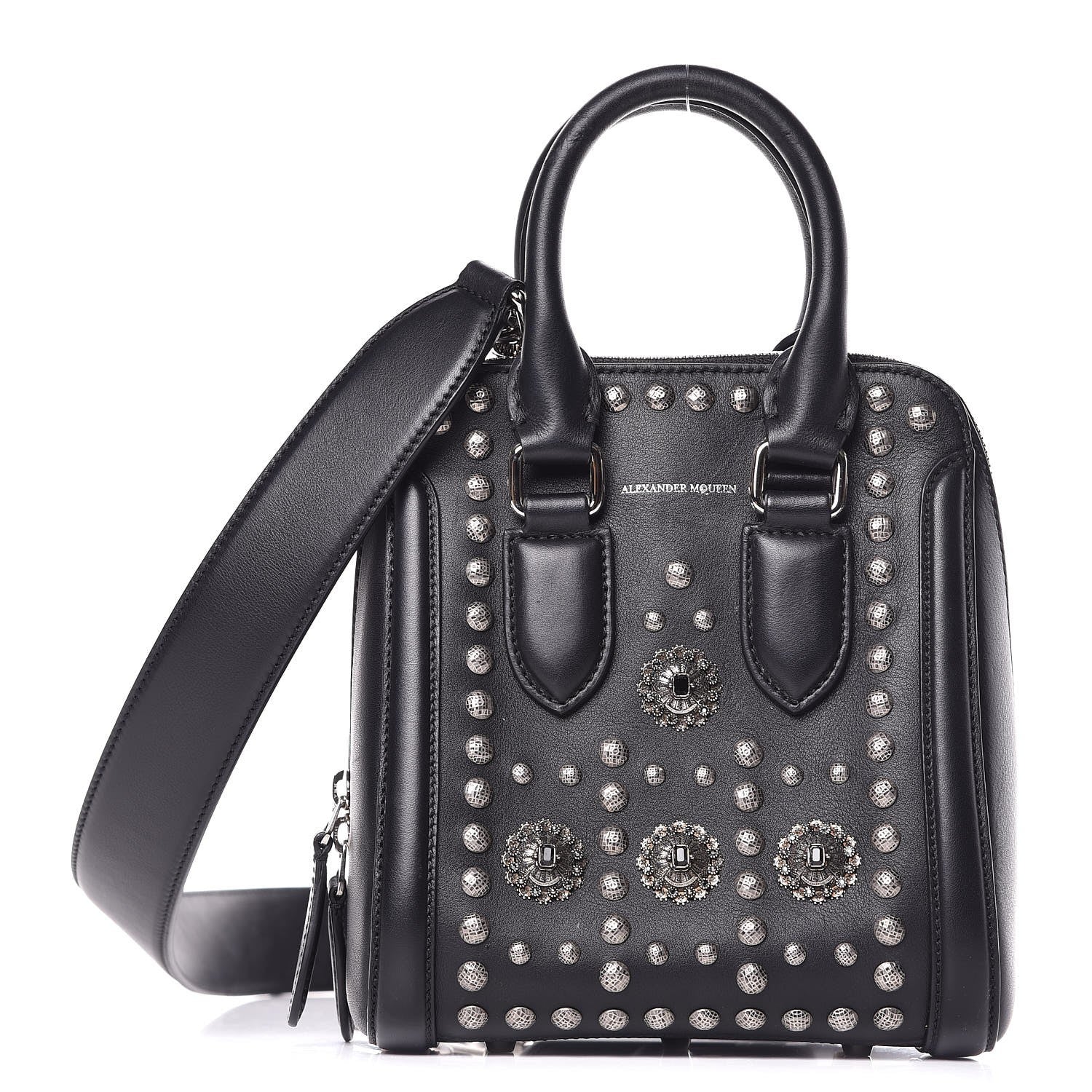 Alexander McQueen Calfskin Studded Crystal Embellished Mini Heroine Black 1 of 9