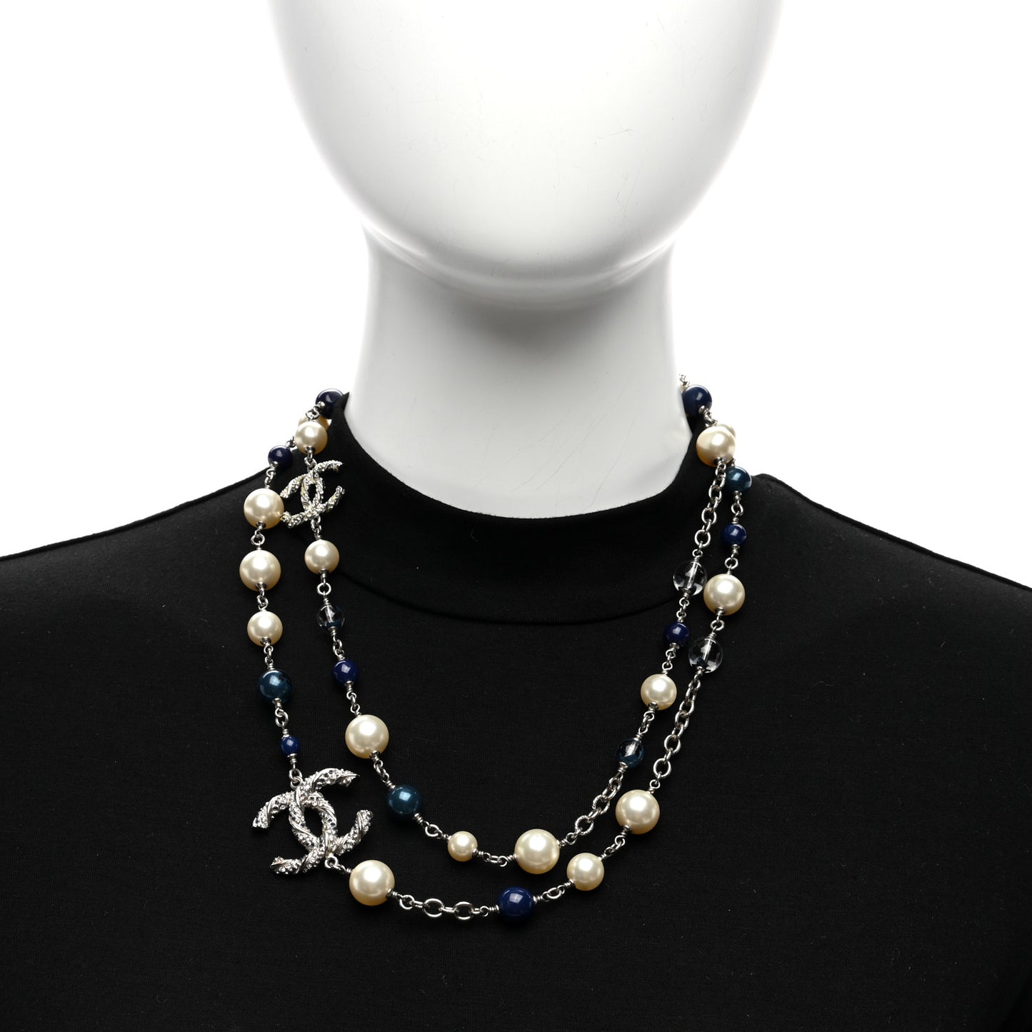 Pearl Bead Crystal Twisted CC Long Necklace Silver Blue