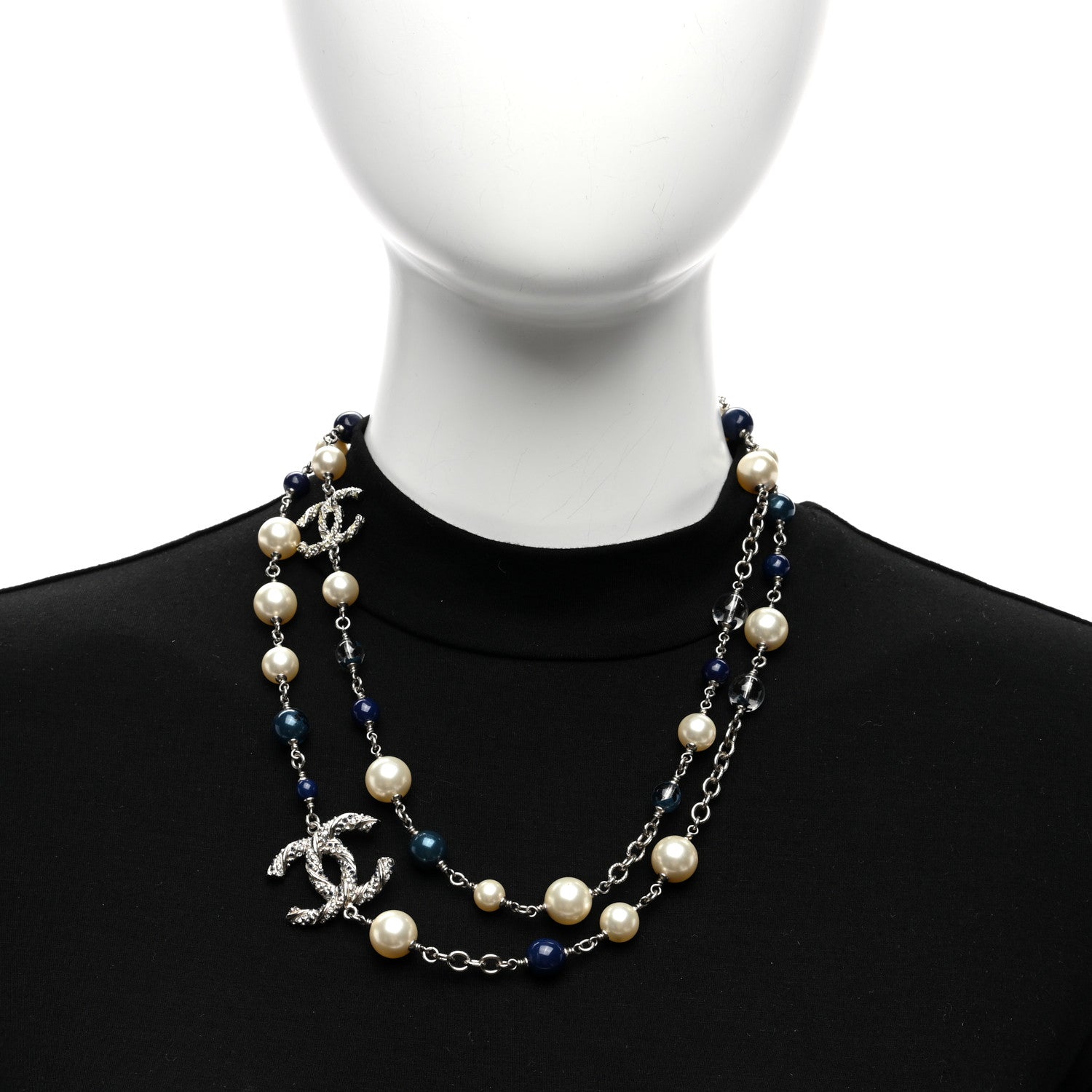 Chanel Pearl Bead Crystal Twisted CC Long Necklace Silver Blue 2 of 4