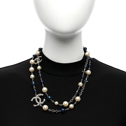 Chanel Pearl Bead Crystal Twisted CC Long Necklace Silver Blue 2 of 4