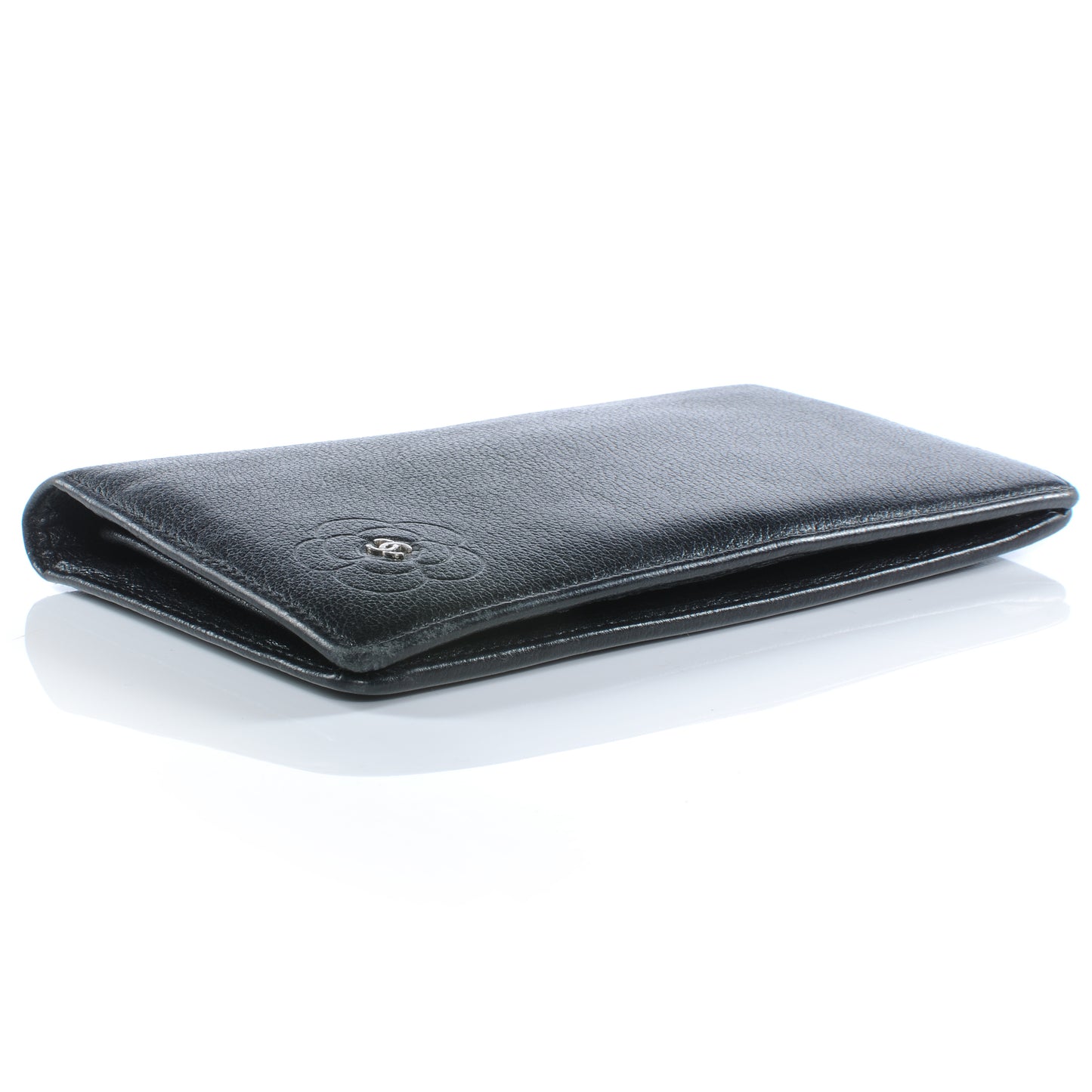 Leather Camellia Yen Wallet Black
