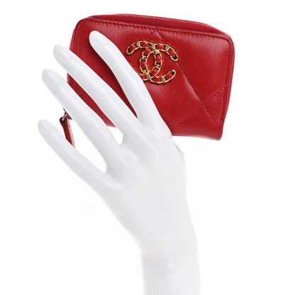 Chanel Goatskin Quilted Chanel 19 Zip Around Coin Purse Wallet Red 2 of 8