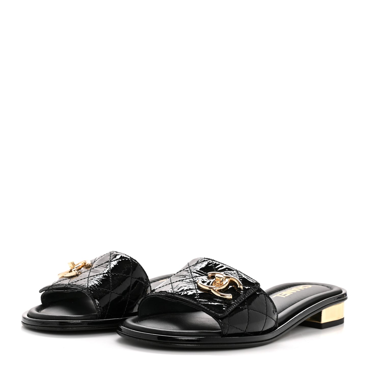Patent Goatskin Quilted CC Mules Sandals 36 Black