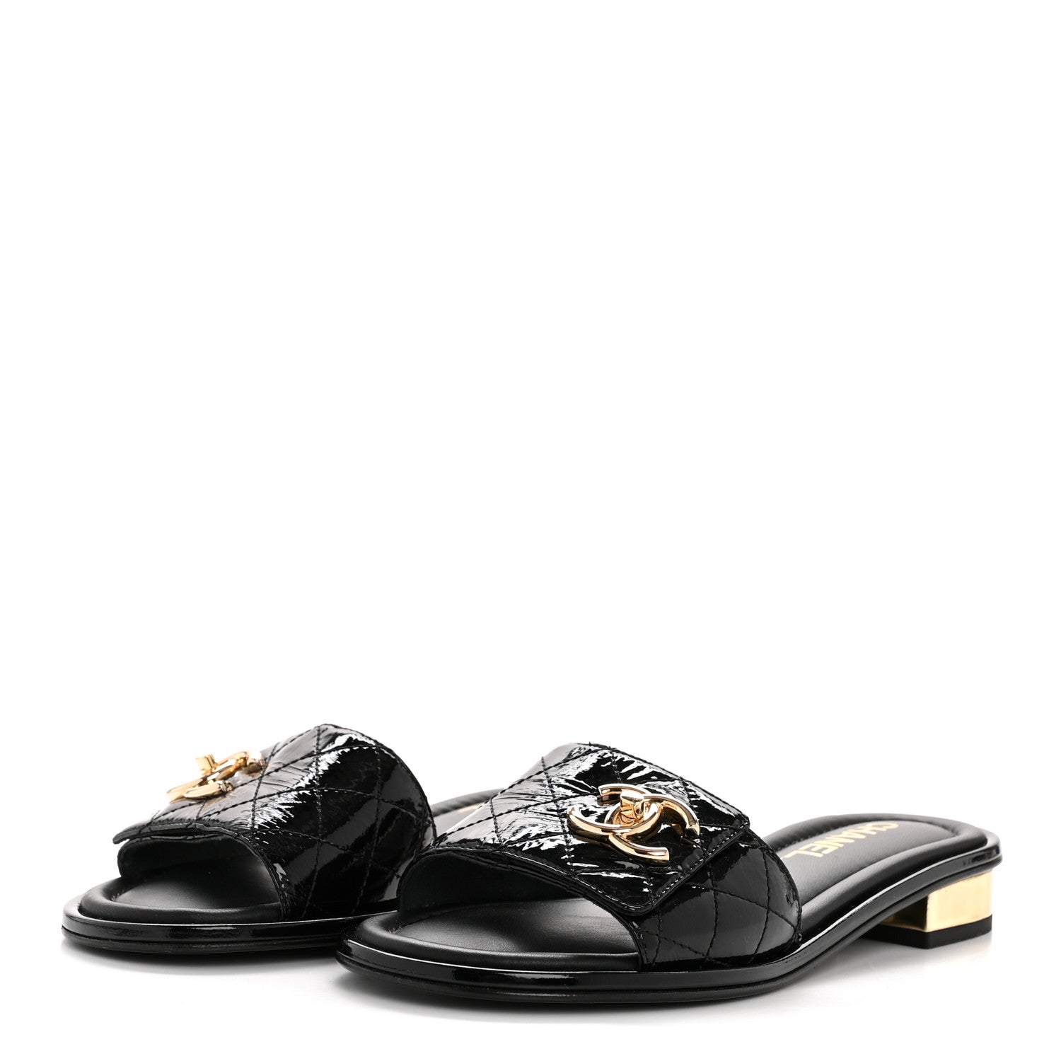 Chanel Patent Goatskin Quilted CC Mules Sandals 36 Black 4 of 11