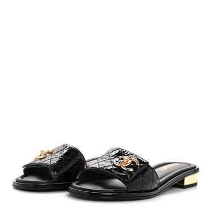Chanel Patent Goatskin Quilted CC Mules Sandals 36 Black 4 of 11