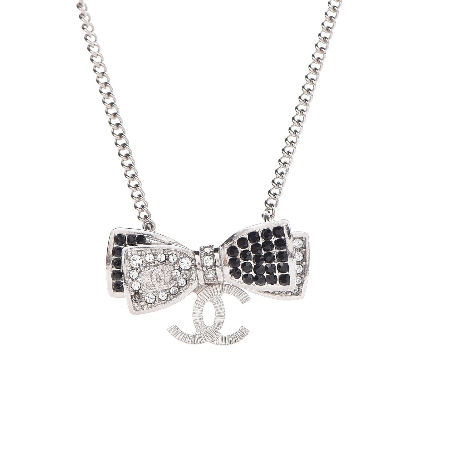 Crystal CC Bow Necklace Silver Black