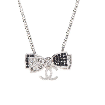 Chanel Crystal CC Bow Necklace Silver Black 6 of 7
