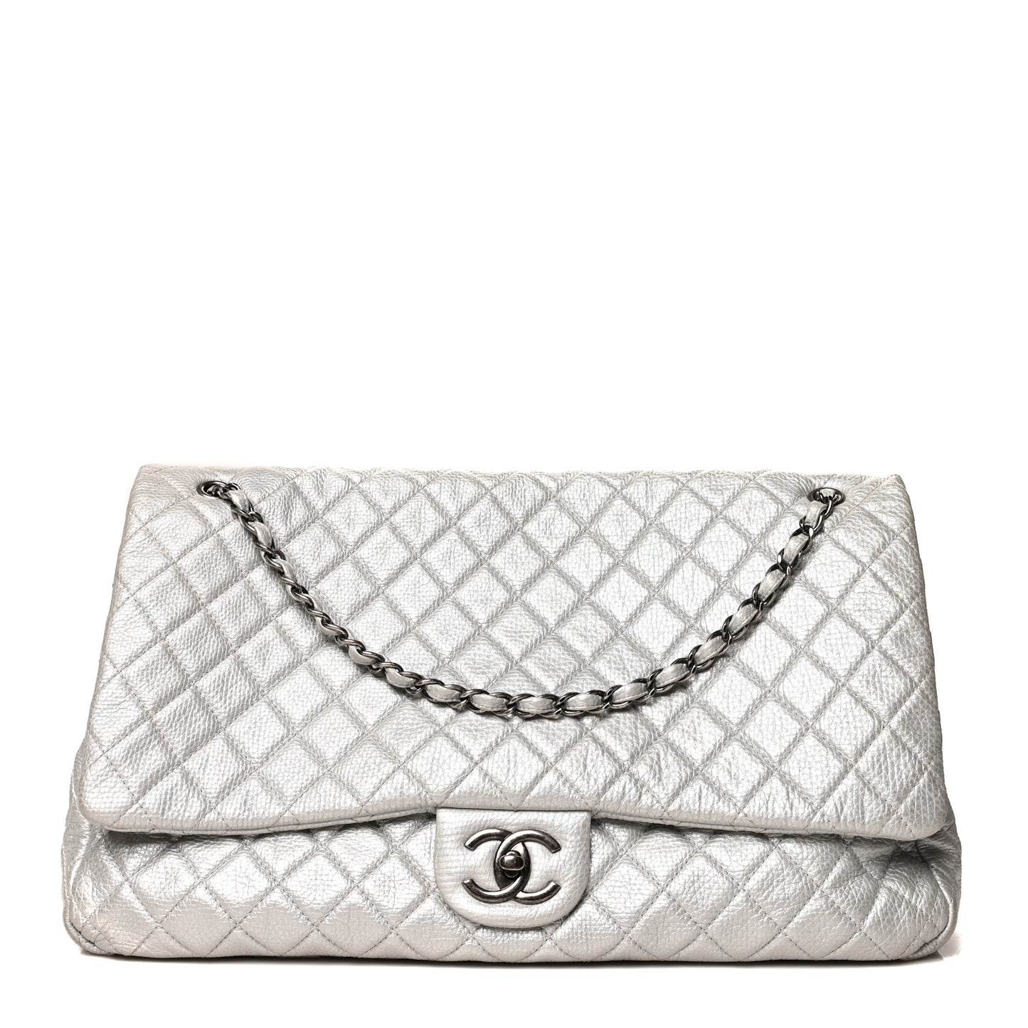 Metallic Calfskin Quilted XXL Travel Flap Bag Silver