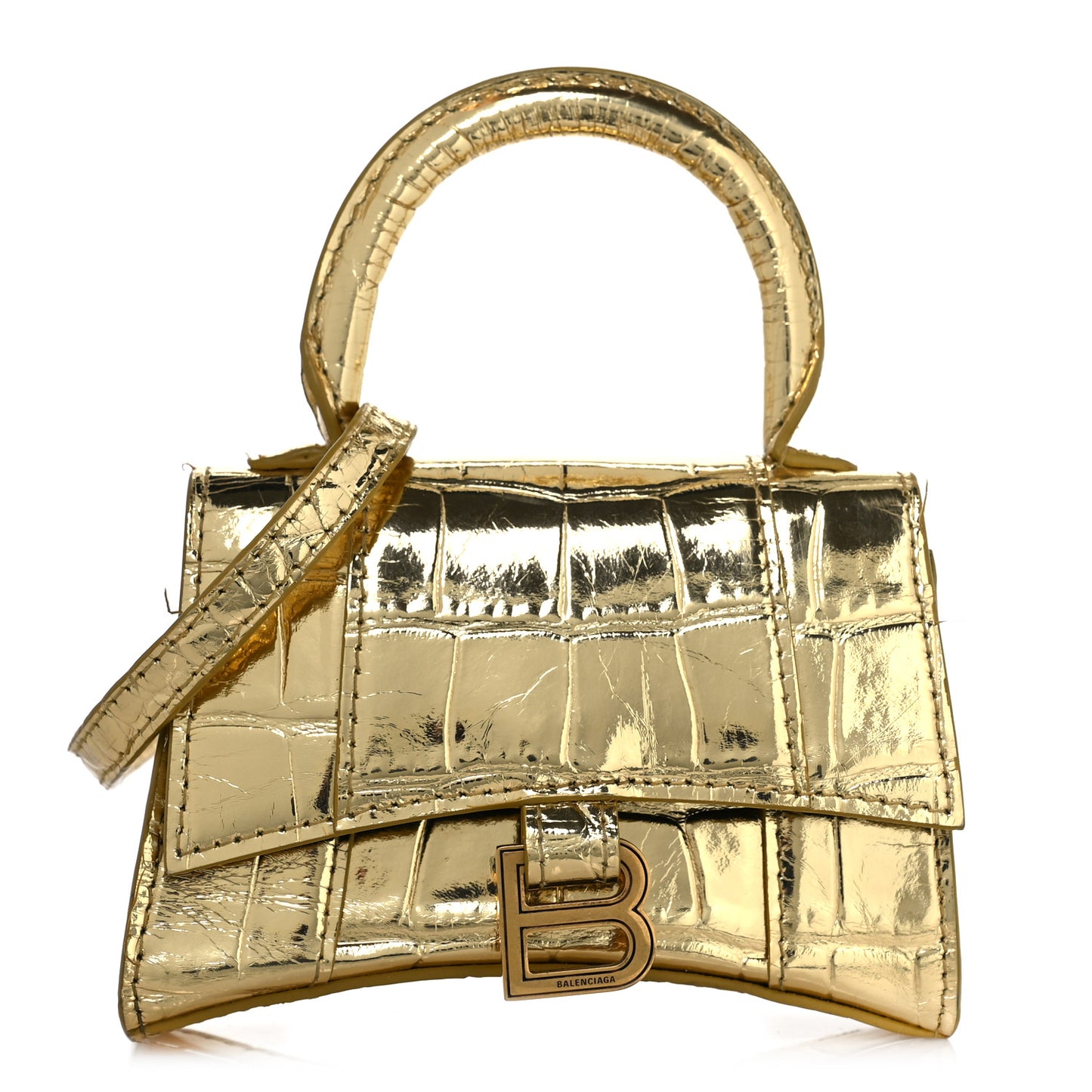 Metallic Calfskin Crocodile Embossed Hourglass Top Handle Bag Mini Gold