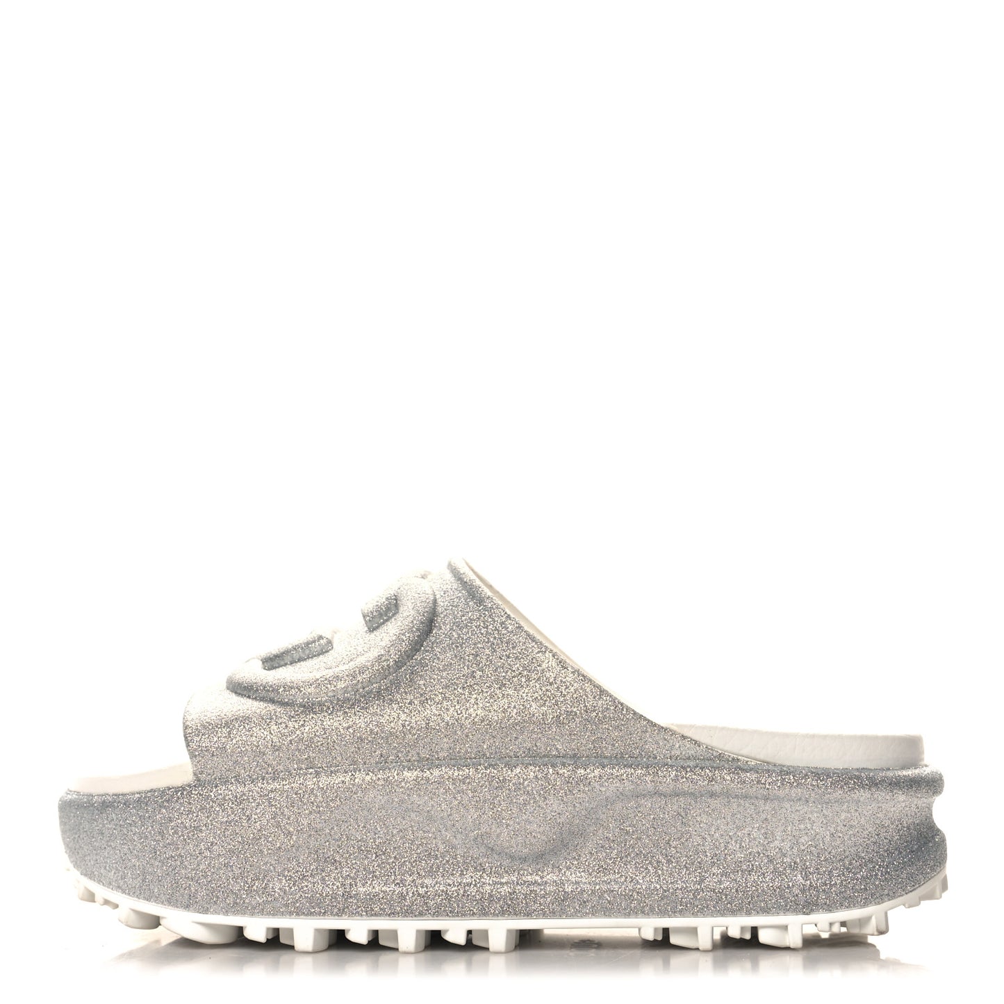 Glitter Rubber Womens Interlocking G Platform 42mm Slide Sandals 35 Silver