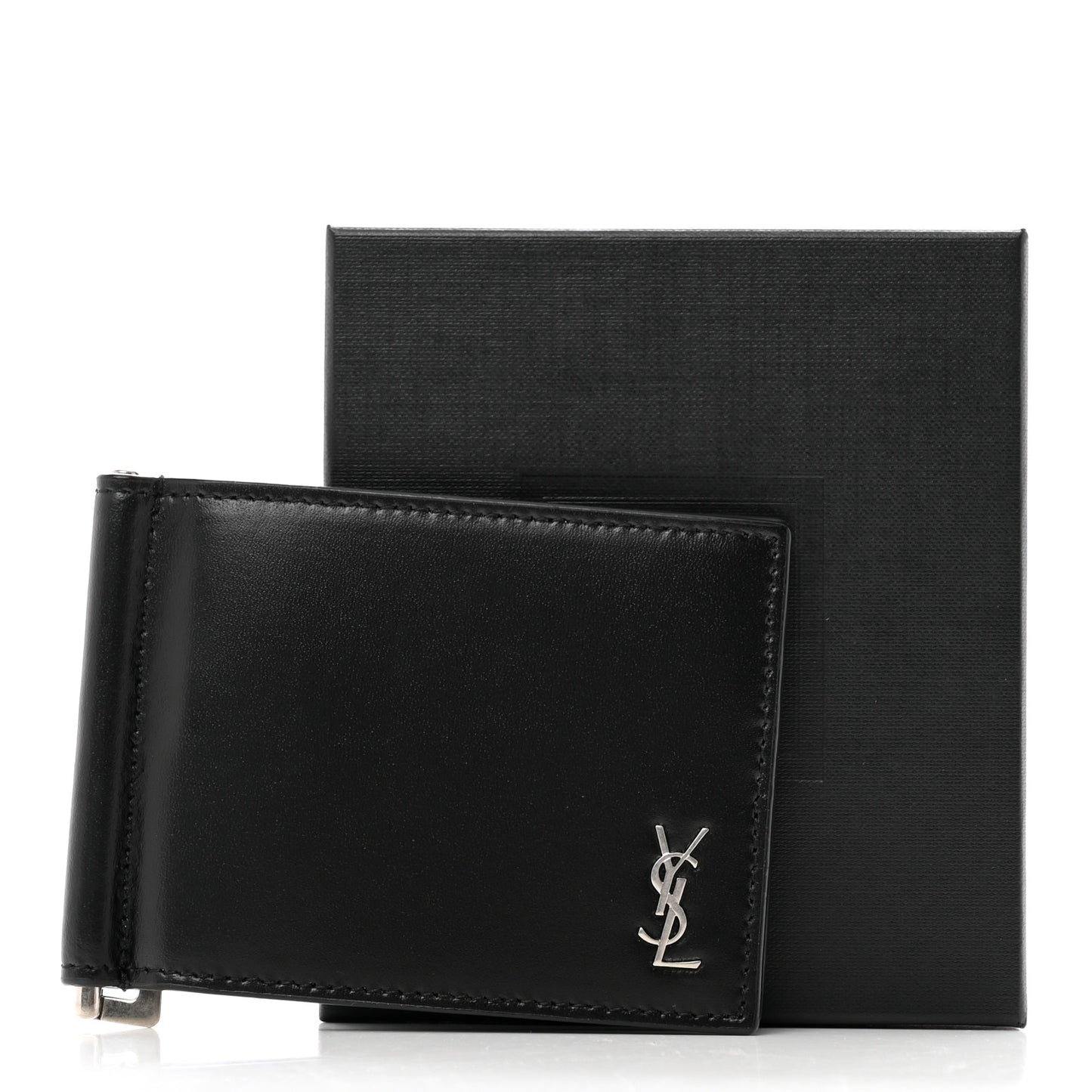 Shiny Calfskin Tiny Cassandre Bill Clip Wallet Black