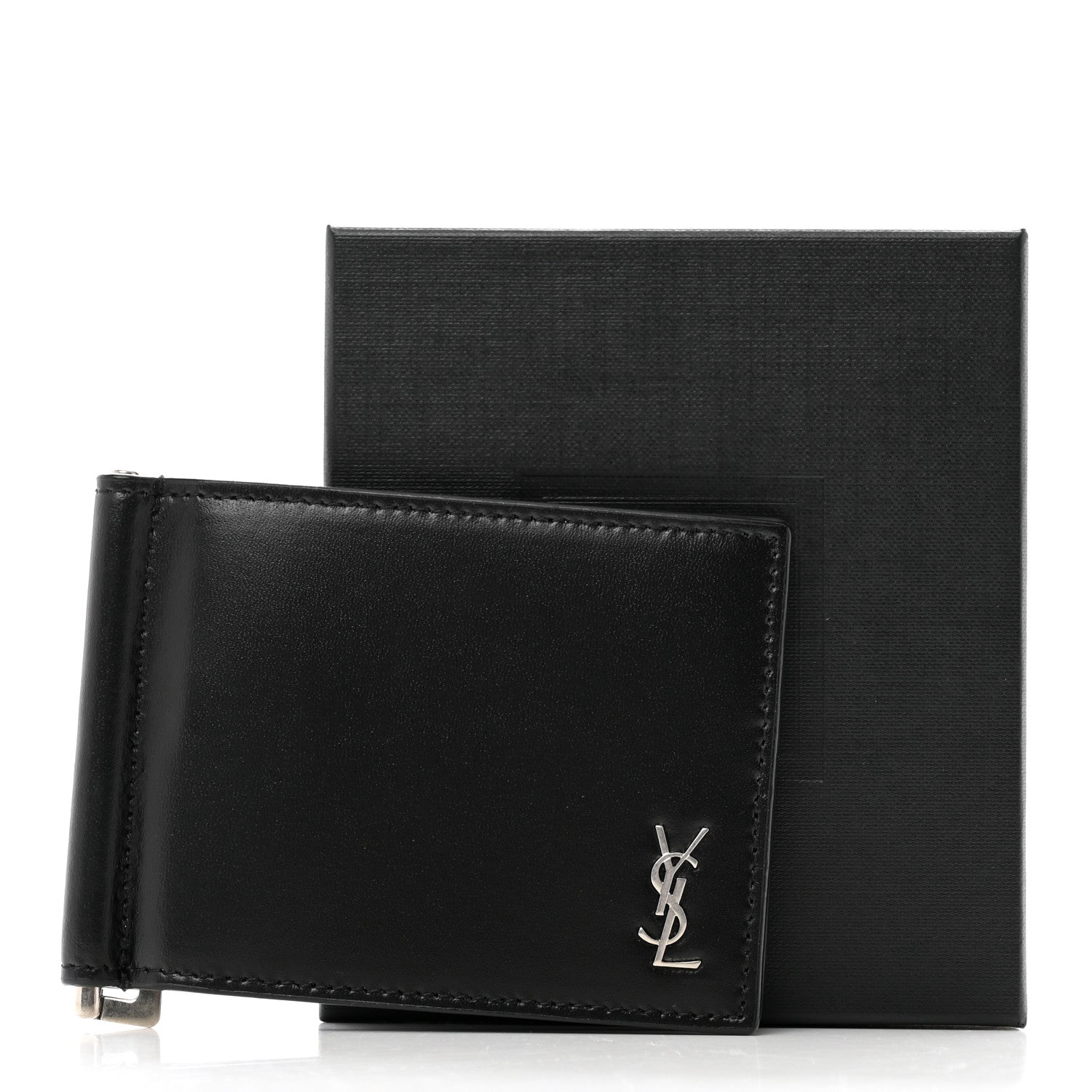 Saint Laurent Shiny Calfskin Tiny Cassandre Bill Clip Wallet Black 7 of 7