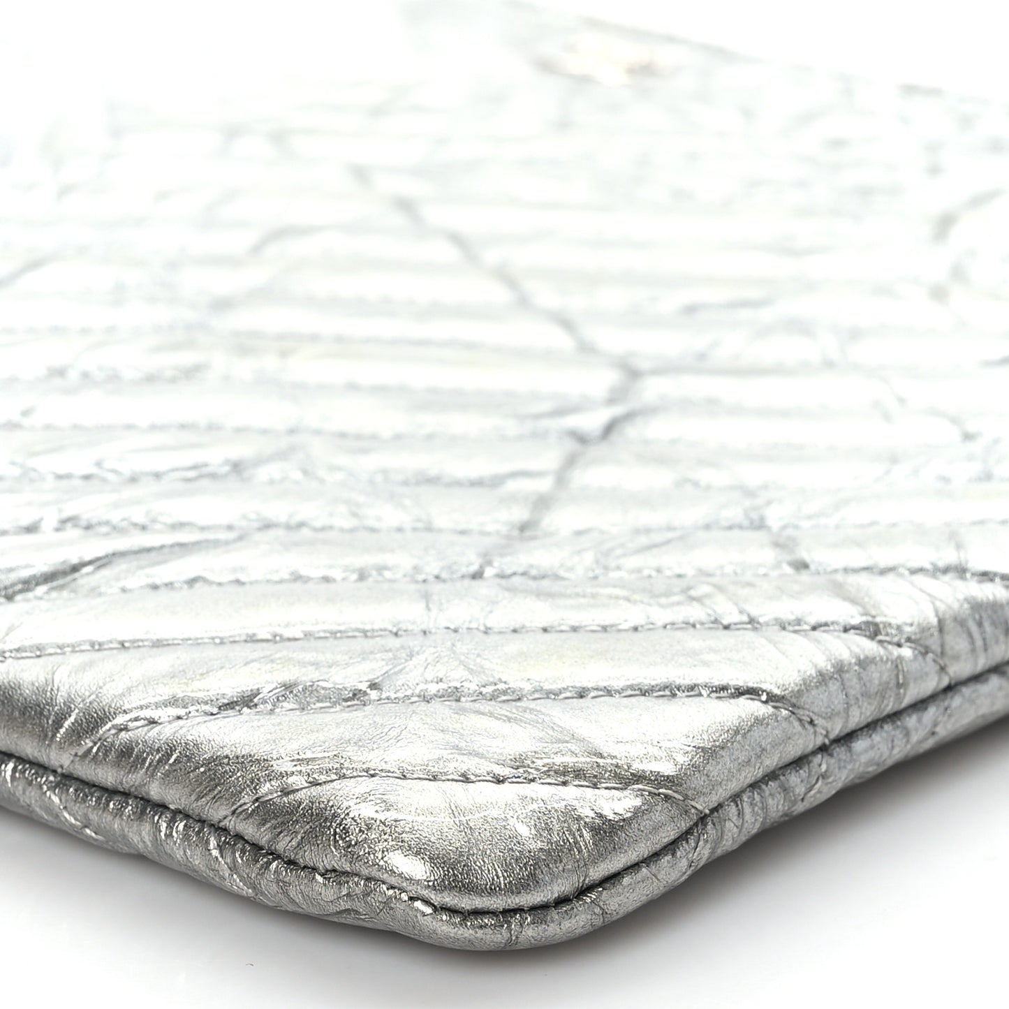 Metallic Crumpled Calfskin Chevron Quilted Large Cosmetic Case Silver