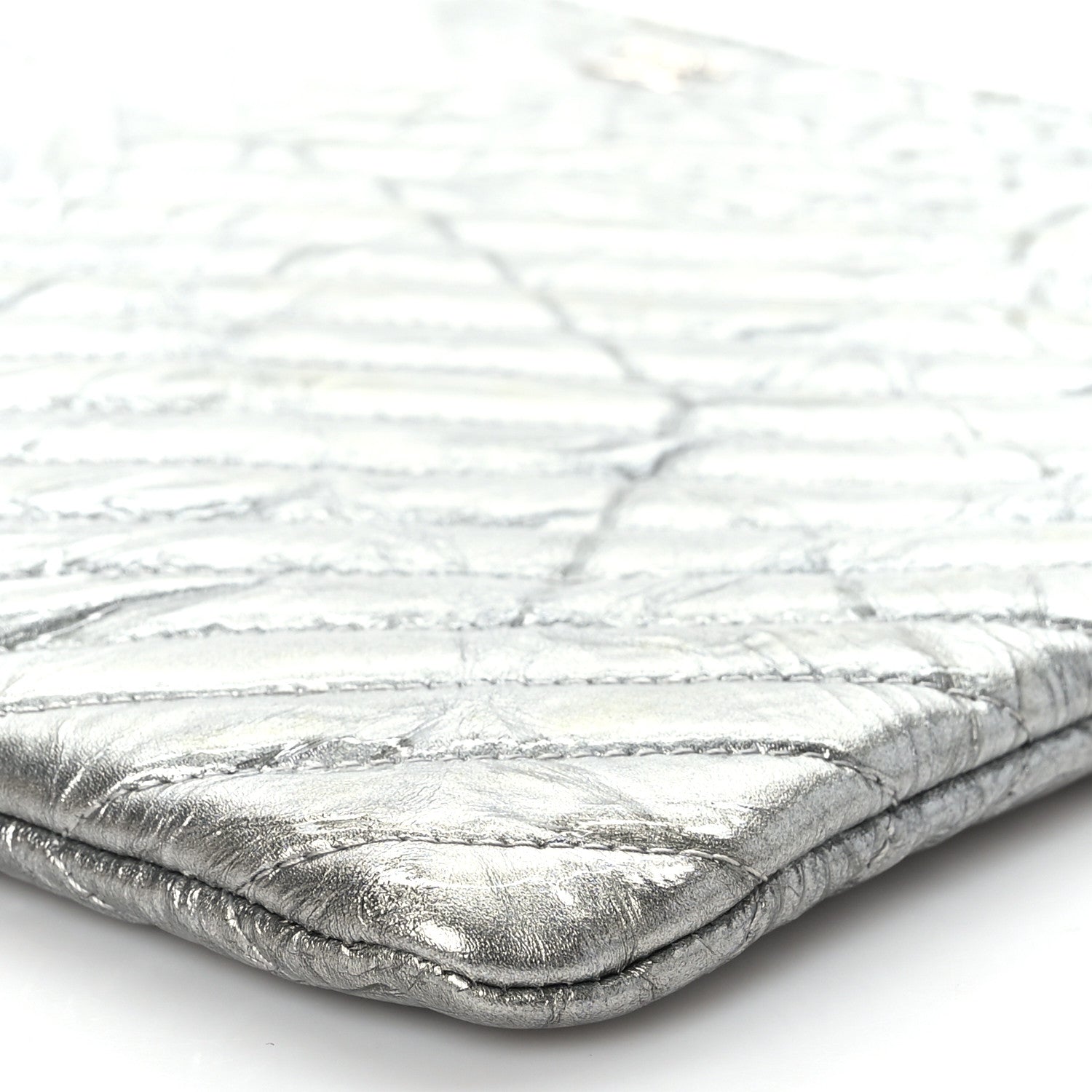 Chanel Metallic Crumpled Calfskin Chevron Quilted Large Cosmetic Case Silver 9 of 9