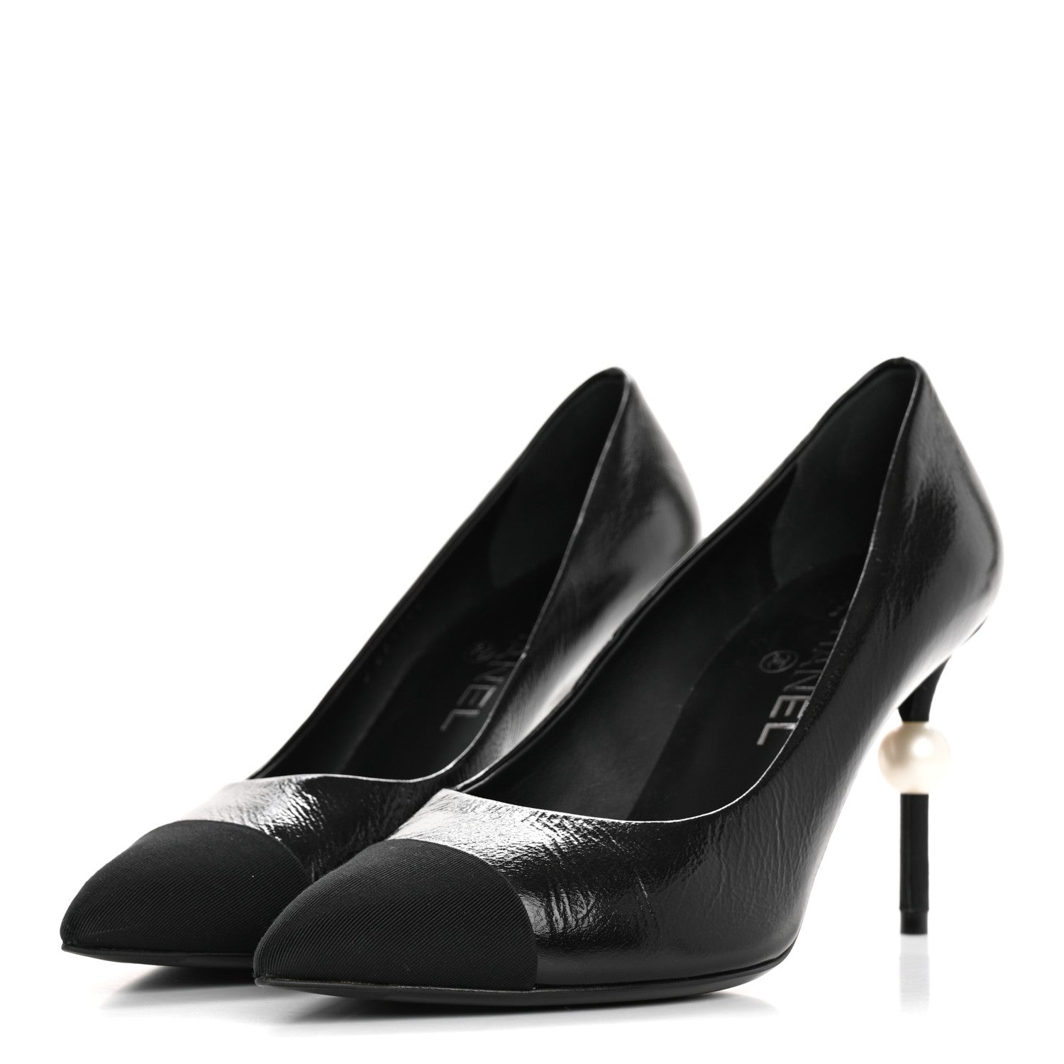 Chanel Shiny Calfskin Grosgrain Cap Toe CC Pearl Pumps 38.5