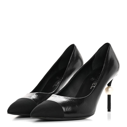 Chanel Shiny Calfskin Grosgrain Cap Toe CC Pearl Pumps 38.5 Black 4 of 10